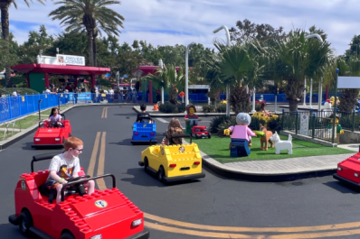 Kids driving through a lego city at Legoland in Carlsbad California
