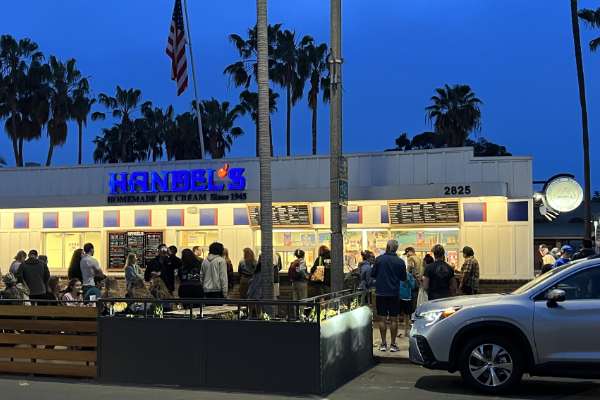 Front of Handels Ice Cream at night in Carlsbad, California